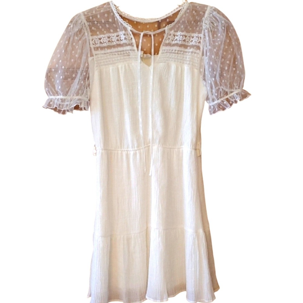 Sweet Wanderer White Swiss Dot Lace‎ Crinkle Boho Mini Dress Size Medium